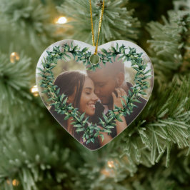 パーソナライズされたハートの最初の結婚したクリスマス写真 セラミックオーナメント