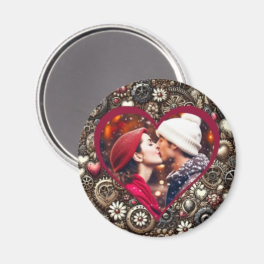 パーソナライズされたハート、花とギア マグネット (正面/裏面)