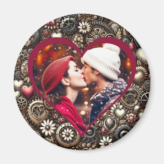 パーソナライズされたハート、花とギア マグネット (正面)