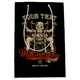 パーソナライズされたバイカー スケルトン オートバイ ショップ ガレージ ミディアムペーパーバッグ