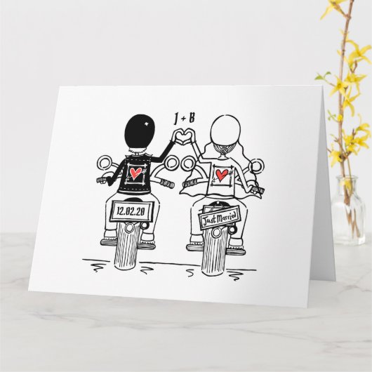 パーソナライズされたバイクもしくは自転車に乗る人オートバイ結婚の挨拶 カード (黄色い花)