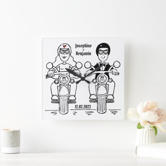 パーソナライズされたバイクもしくは自転車に乗る人オートバイ結婚ズアクリル スクエア壁時計 (ホーム)
