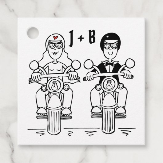 パーソナライズされたバイクもしくは自転車に乗る人バイク結婚式の引き出物ラベル フェイバータグ (正面)