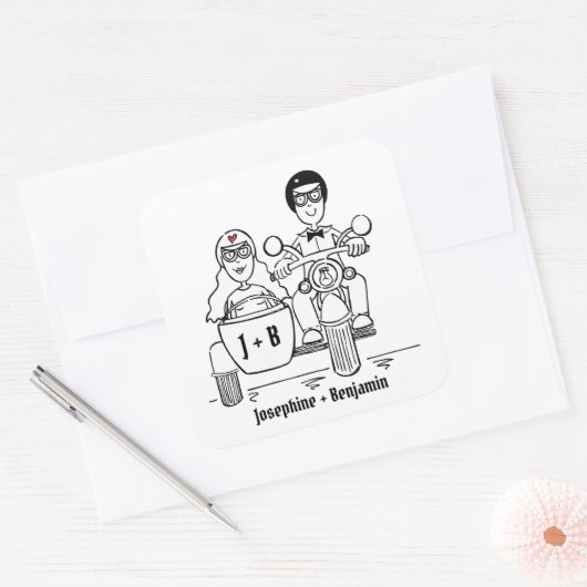 パーソナライズされたバイクもしくは自転車に乗る人バイク結婚式用シール スクエアシール (封筒)