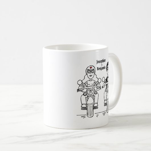 パーソナライズされたバイクもしくは自転車に乗る人対の結婚ギフトセラミックマグカップ コーヒーマグカップ (正面右)
