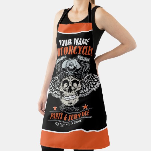 パーソナライズされたバイクもしくは自転車に乗る人飛んでいるスカルショップ エプロン (インサイチュ)