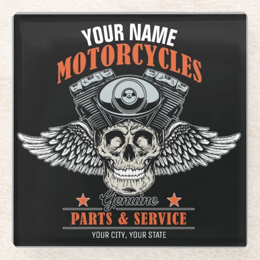 パーソナライズされたバイクもしくは自転車に乗る人飛んでいるスカルショップ ガラスコースター (正面)