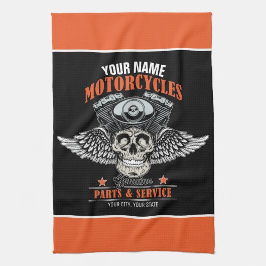 パーソナライズされたバイクもしくは自転車に乗る人飛んでいるスカルショップ キッチンタオル (縦)