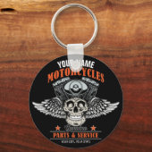 パーソナライズされたバイクもしくは自転車に乗る人飛んでいるスカルショップ キーホルダー (正面)