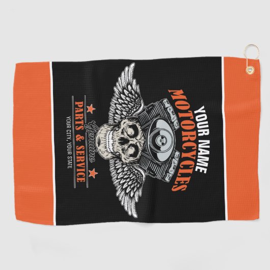 パーソナライズされたバイクもしくは自転車に乗る人飛んでいるスカルショップ ゴルフタオル (横)