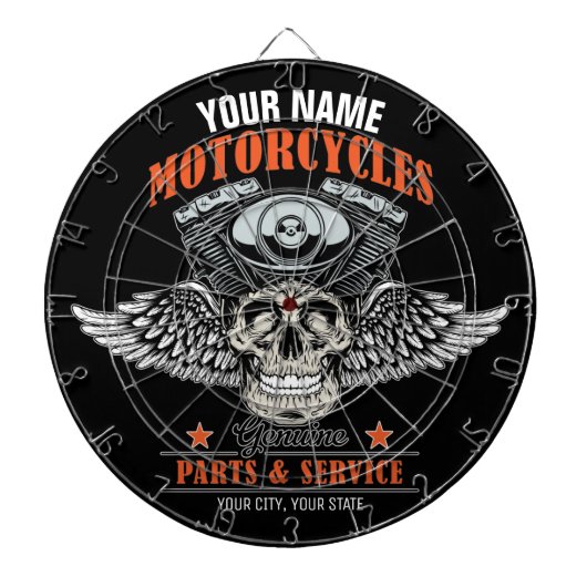 パーソナライズされたバイクもしくは自転車に乗る人飛んでいるスカルショップ  ダーツボード (正面)
