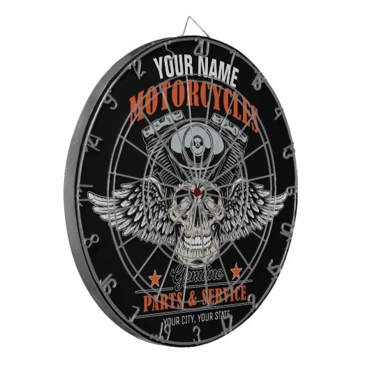 パーソナライズされたバイクもしくは自転車に乗る人飛んでいるスカルショップ  ダーツボード (正面左)