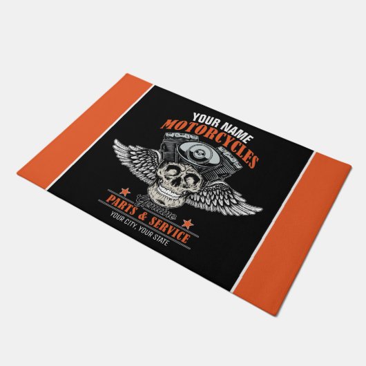 パーソナライズされたバイクもしくは自転車に乗る人飛んでいるスカルショップ ドアマット (アングル)
