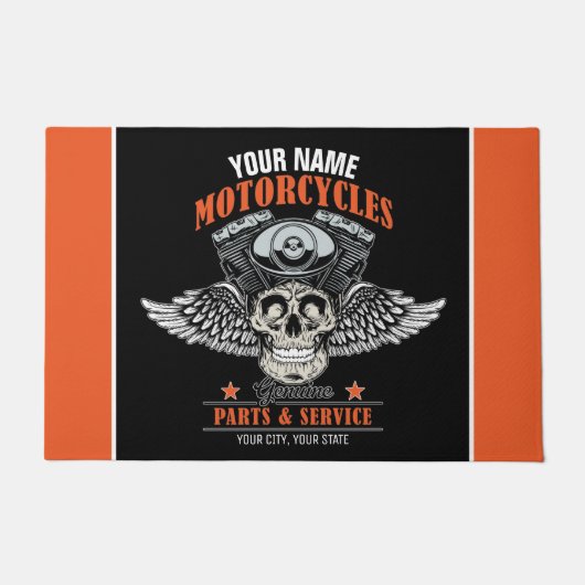 パーソナライズされたバイクもしくは自転車に乗る人飛んでいるスカルショップ ドアマット (正面)