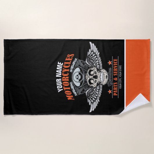 パーソナライズされたバイクもしくは自転車に乗る人飛んでいるスカルショップ ビーチタオル (正面)