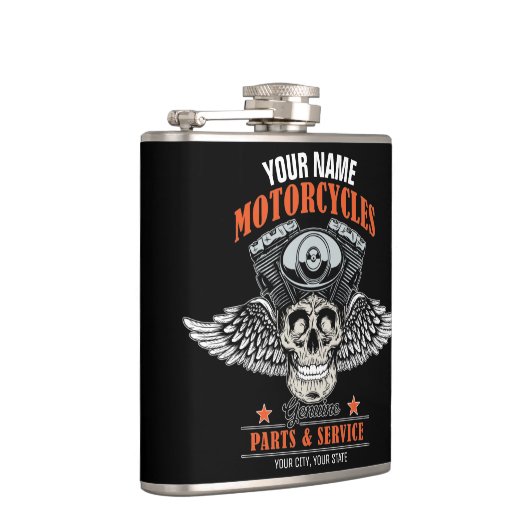 パーソナライズされたバイクもしくは自転車に乗る人飛んでいるスカルショップ  フラスク (右)