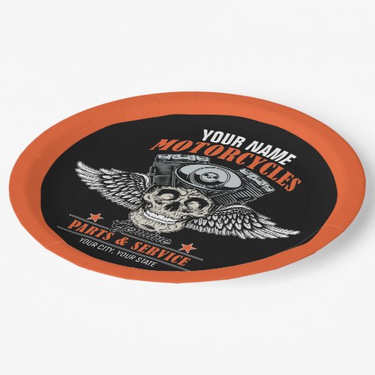 パーソナライズされたバイクもしくは自転車に乗る人飛んでいるスカルショップ  ペーパープレート (アングル)