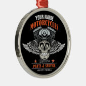 パーソナライズされたバイクもしくは自転車に乗る人飛んでいるスカルショップ メタルオーナメント (右)