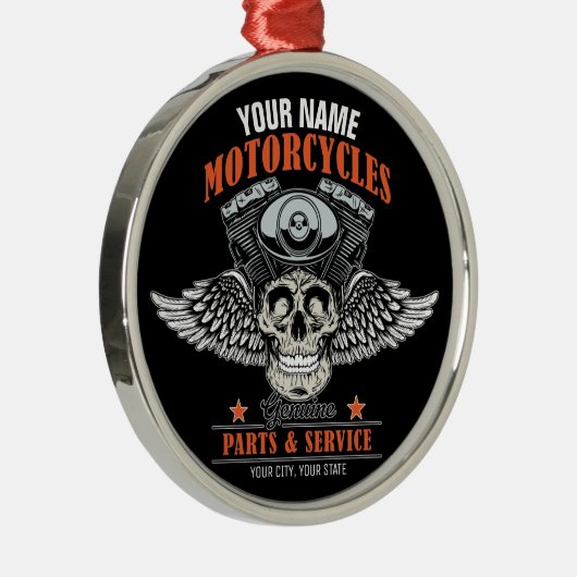 パーソナライズされたバイクもしくは自転車に乗る人飛んでいるスカルショップ メタルオーナメント (右)