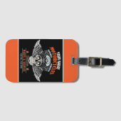 パーソナライズされたバイクもしくは自転車に乗る人飛んでいるスカルショップ ラゲッジタグ (正面横)