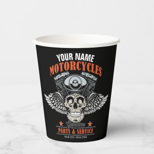 パーソナライズされたバイクもしくは自転車に乗る人飛んでいるスカルショップ 紙コップ (正面)