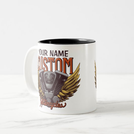 パーソナライズされたバイクイーグルウィングバイクもしくは自転車に乗る人ガレージ ツートーンマグカップ (正面左)