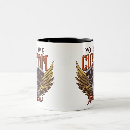 パーソナライズされたバイクイーグルウィングバイクもしくは自転車に乗る人ガレージ ツートーンマグカップ (中央)