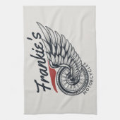 パーソナライズされたバイク飛んでいるタイヤバイクもしくは自転車に乗る人店 キッチンタオル (縦)