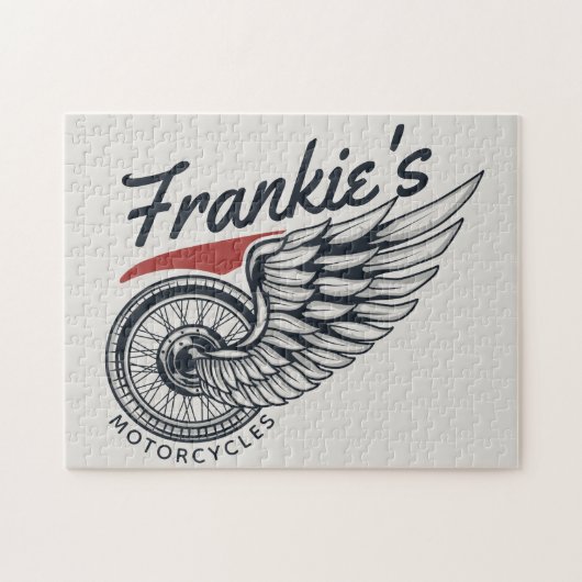 パーソナライズされたバイク飛んでいるタイヤバイクもしくは自転車に乗る人店 ジグソーパズル (横)