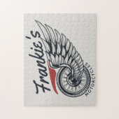 パーソナライズされたバイク飛んでいるタイヤバイクもしくは自転車に乗る人店 ジグソーパズル (縦)