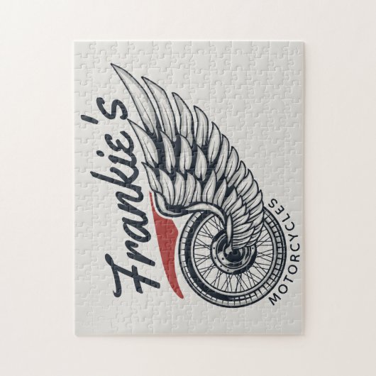 パーソナライズされたバイク飛んでいるタイヤバイクもしくは自転車に乗る人店 ジグソーパズル (縦)