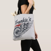 パーソナライズされたバイク飛んでいるタイヤバイクもしくは自転車に乗る人店 トートバッグ (クローズアップ)