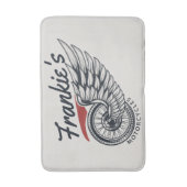 パーソナライズされたバイク飛んでいるタイヤバイクもしくは自転車に乗る人店 バスマット (正面縦)