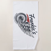 パーソナライズされたバイク飛んでいるタイヤバイクもしくは自転車に乗る人店 ビーチタオル (正面)