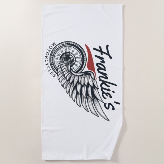 パーソナライズされたバイク飛んでいるタイヤバイクもしくは自転車に乗る人店 ビーチタオル (正面)