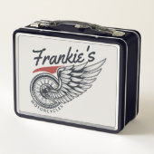 パーソナライズされたバイク飛んでいるタイヤバイクもしくは自転車に乗る人店 メタルランチボックス (裏面)