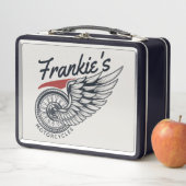 パーソナライズされたバイク飛んでいるタイヤバイクもしくは自転車に乗る人店 メタルランチボックス (インサイチュ)