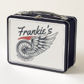 パーソナライズされたバイク飛んでいるタイヤバイクもしくは自転車に乗る人店 メタルランチボックス (正面)