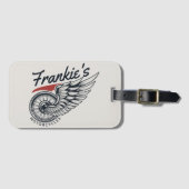 パーソナライズされたバイク飛んでいるタイヤバイクもしくは自転車に乗る人店 ラゲッジタグ (正面横)