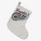 パーソナライズされたバイク飛んでいるタイヤバイクもしくは自転車に乗る人店 ラージクリスマスストッキング (正面 (吊り時))