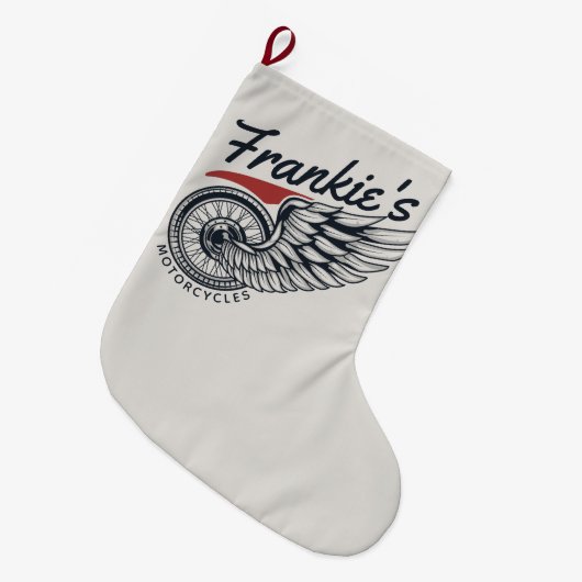 パーソナライズされたバイク飛んでいるタイヤバイクもしくは自転車に乗る人店 ラージクリスマスストッキング (正面 (吊り時))