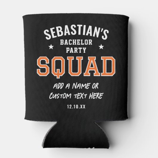 パーソナライズされたバチュラーパーティスクワッドオレンジブラック 缶クーラー (裏面)