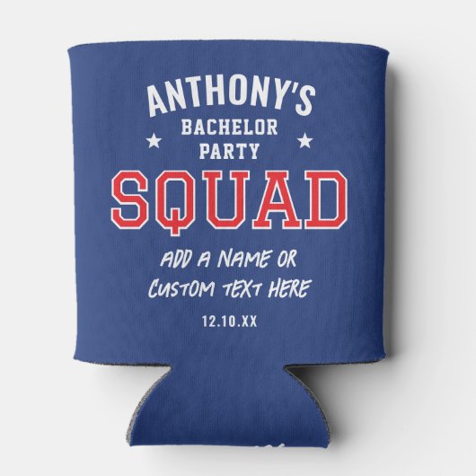 パーソナライズされたバチュラーパーティ分隊レッド・ネイビー 缶クーラー (裏面)