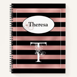 パーソナライズされたバラストライプ金ゴールドとイニシャルT ノートブック