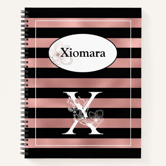 パーソナライズされたバラストライプ金ゴールドとイニシャルX ノートブック (正面)