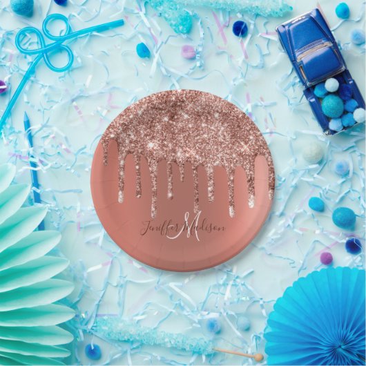 パーソナライズされたバラ金ゴールドグリッタードリップスラグジュアリガーリーー ペーパープレート (パーティー)