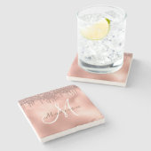 パーソナライズされたバラ金ゴールドグリッターモノグラムカスタム ストーンコースター (横)