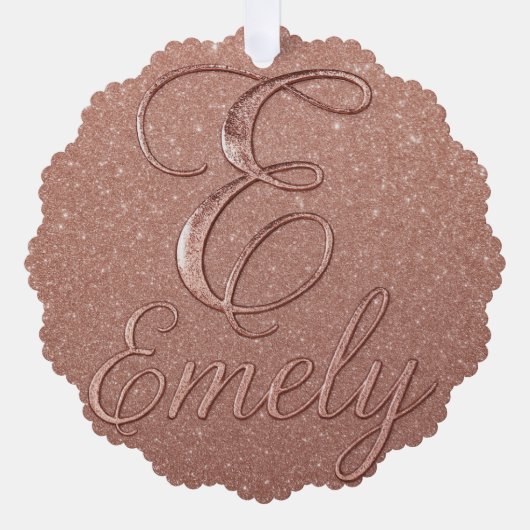 パーソナライズされたバラ金ゴールドグリッター名デザイン – エミー オーナメントカード (正面)