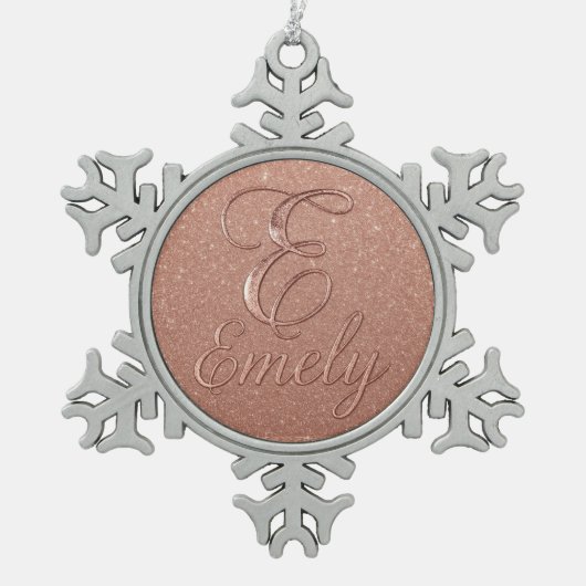パーソナライズされたバラ金ゴールドグリッター名デザイン – エミー スノーフレークピューターオーナメント (正面)