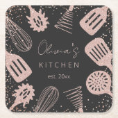 パーソナライズされたバラ金ゴールドグリッター料理ツール スクエアペーパーコースター (正面)